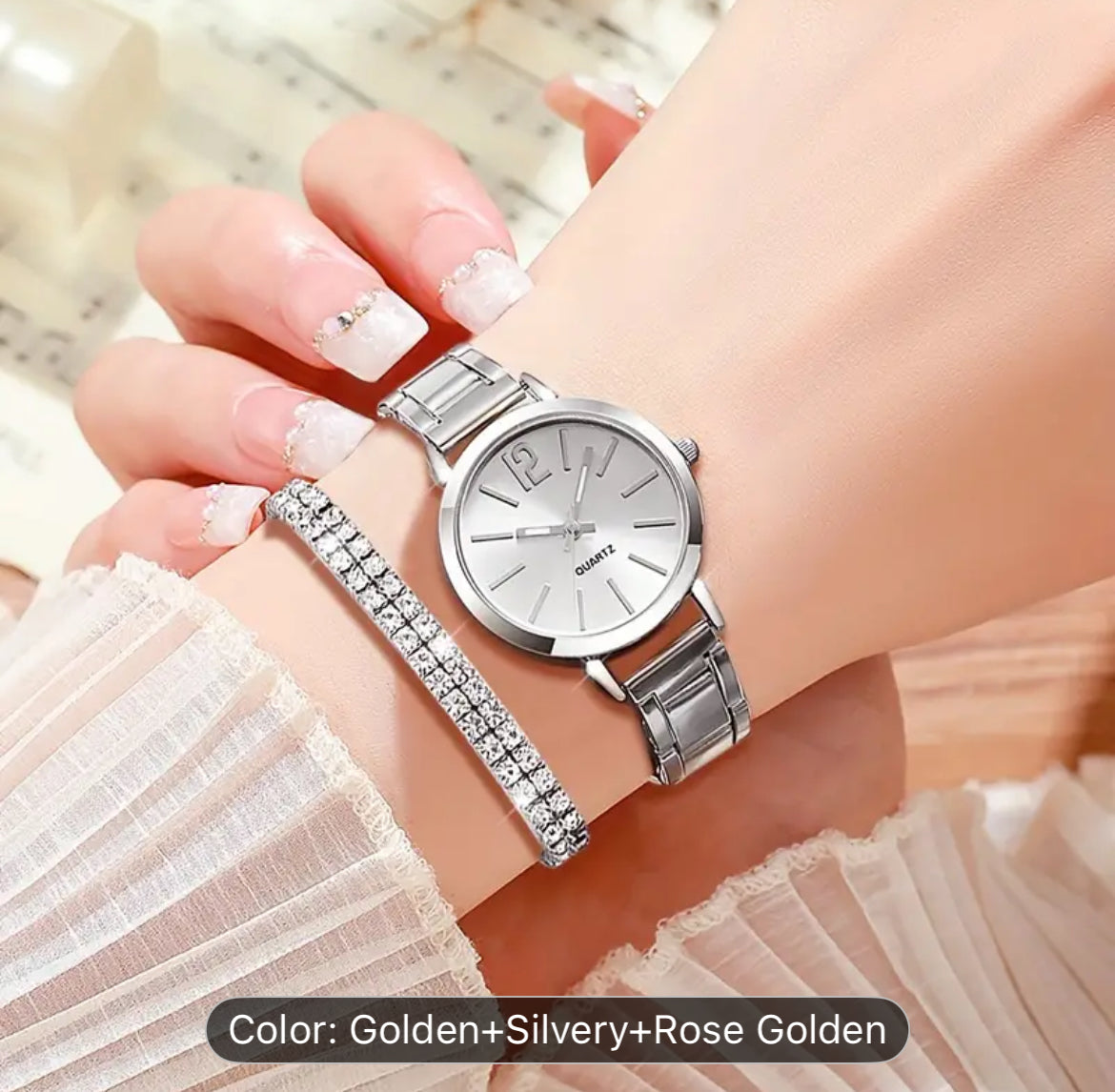 Six Piece Watches And Rhinestone Bracelets Stainless Steel