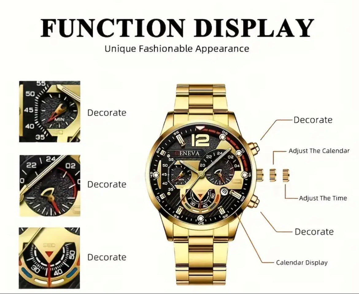 Men's Golden Quartz Watch And Bracelet Alloy Gift Set (Stainless steel) - Shoppy