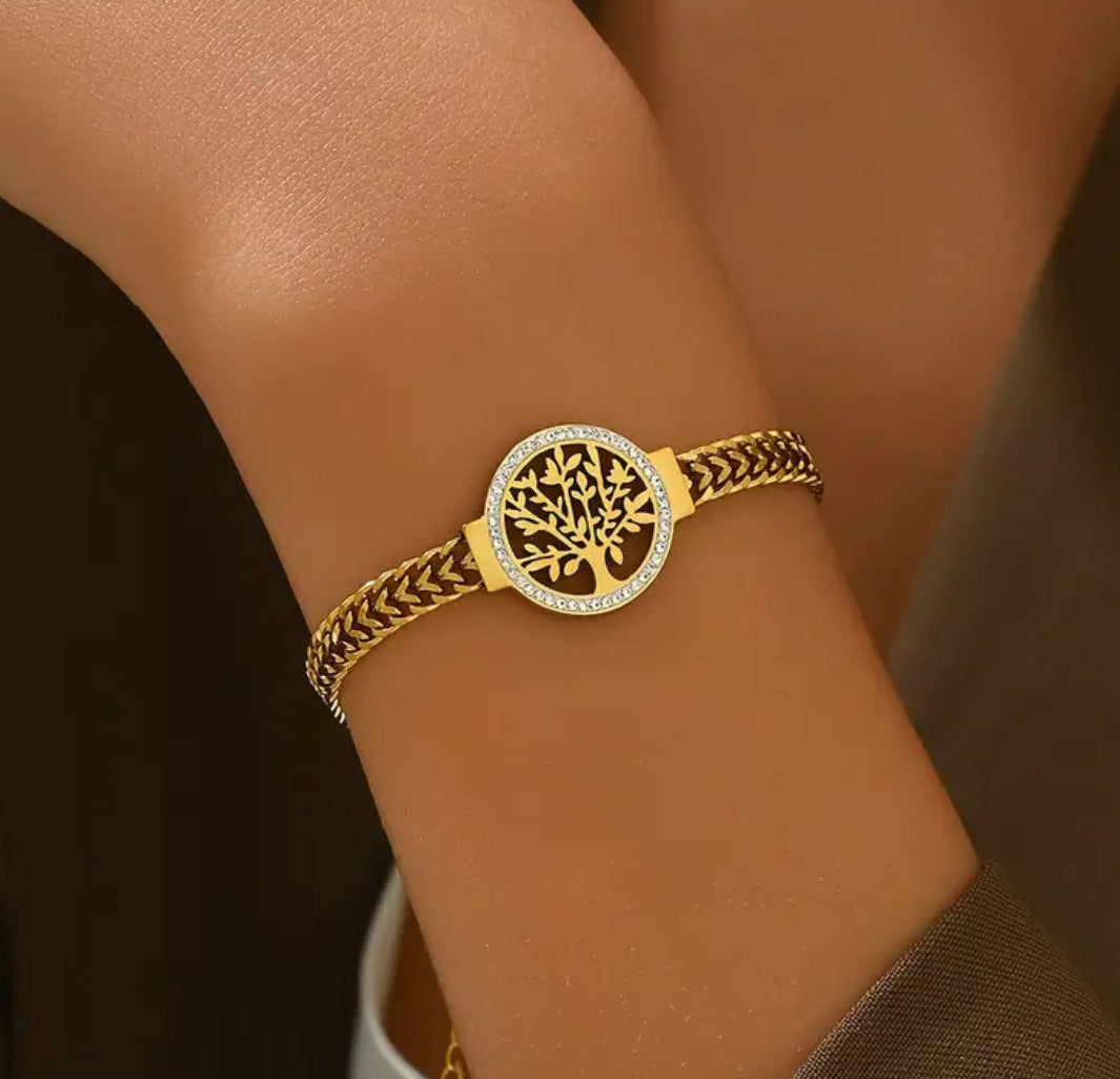 14K Gold Plated 14K Gold Plated Plated 14K Gold Plated 14K Gold Plated Plated Plated 304 304 Stainless Steel Bracelet with Tree of Life Design, Fashionable Men'S Wristband with Rhinestones Accents, Durable 304 304 304 Stainless Steel Pendant - Shoppy