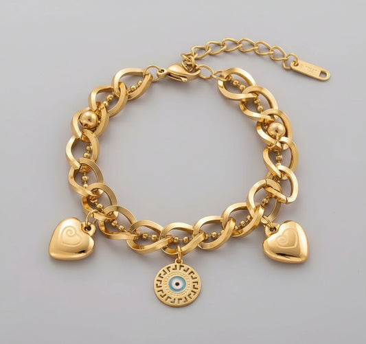 1pc Golden-Tone Stainless Steel with Heart Charms & Evil Eye Pendant - Unisex Couple's Jewelry for Casual Attire, Parties, Festivals - Durable Adjustable Chain, Vintage Style, Bracelets for Couples, Party Accessories, Heartshaped Charms, Polished Finish - Shoppy