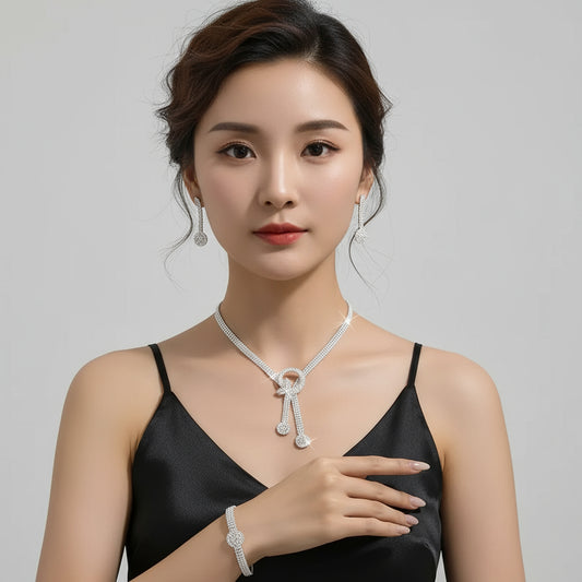 Rhinestone Necklace + Earrings Pair + Bracelet Set for Evening Dress Jewelry - Shoppy