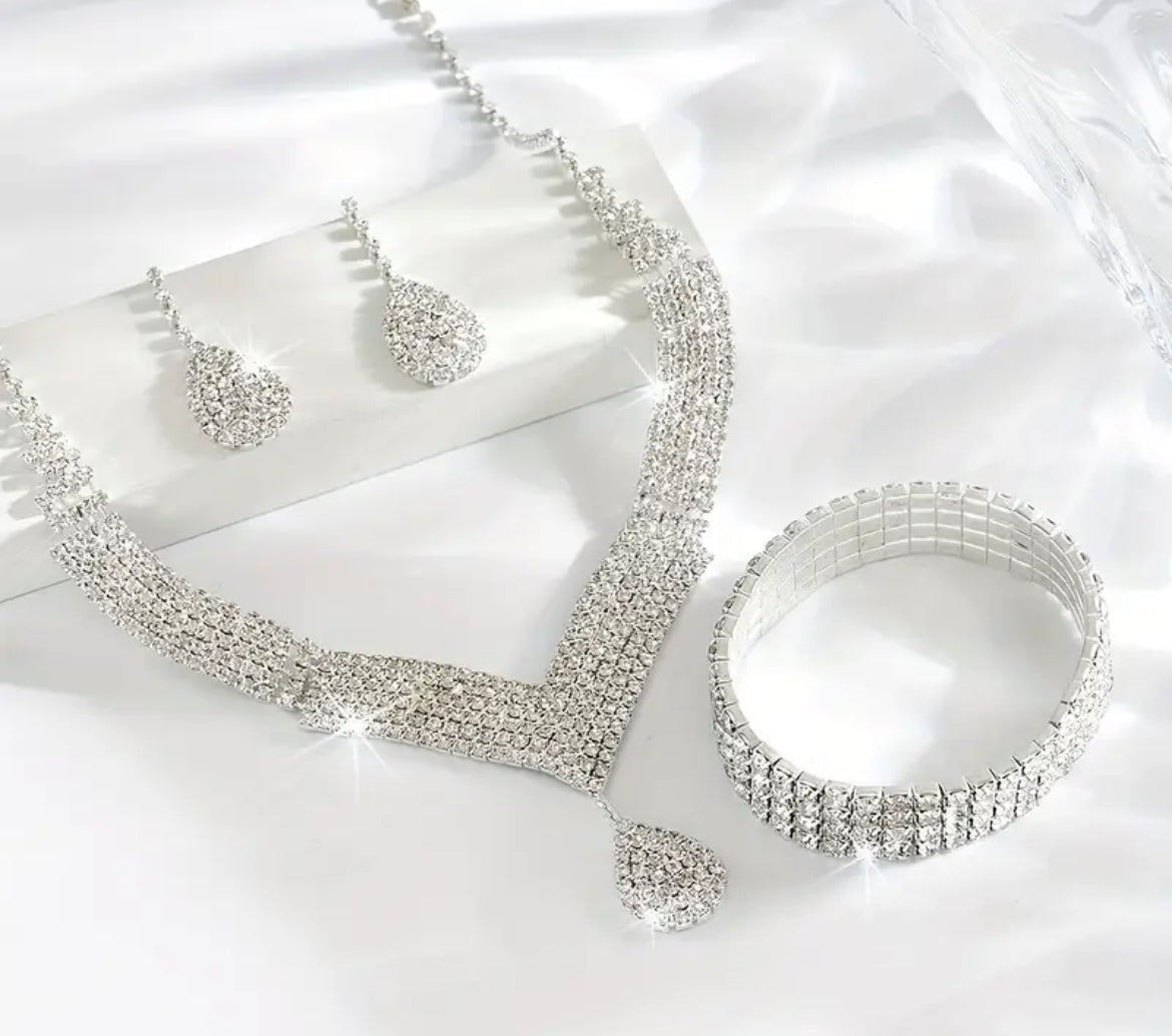 Necklace 1 + Earrings Pair + Bracelet Set Bridal Jewelry Party Accessories - Shoppy