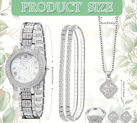 6pcs Elegant Women'S Quartz Watch Set with Roman Numerals - Silvery-Tone Zinc Alloy, Includes Necklace, Bracelet, Ring, Earrings - Ideal Gift for Mom and Ramadan - Shoppy