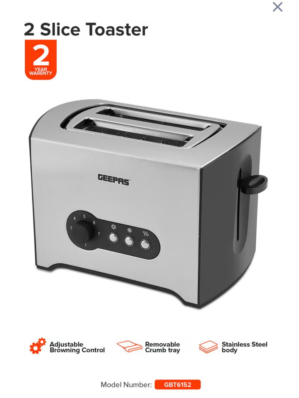 Stainless Steel Bread Toaster - Geepas