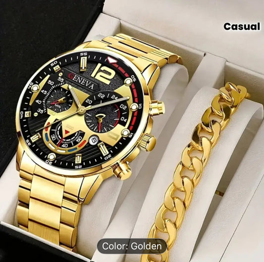 Men's Golden Quartz Watch And Bracelet Alloy Gift Set