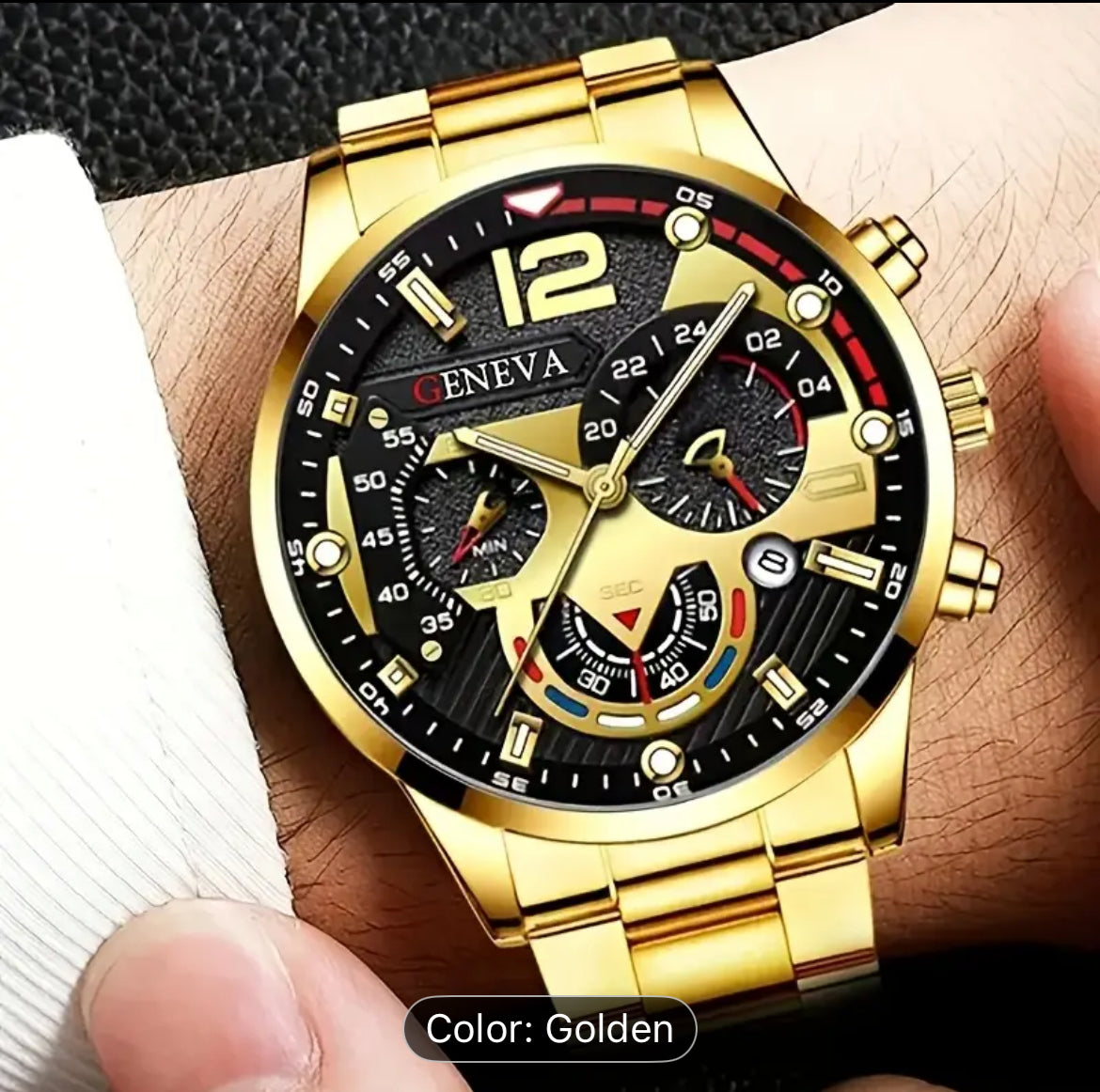 Men's Golden Quartz Watch And Bracelet Alloy Gift Set