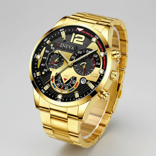 Men's Golden Quartz Watch And Bracelet Alloy Gift Set (Stainless steel) - Shoppy