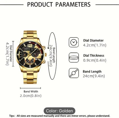 Men's Golden Quartz Watch And Bracelet Alloy Gift Set