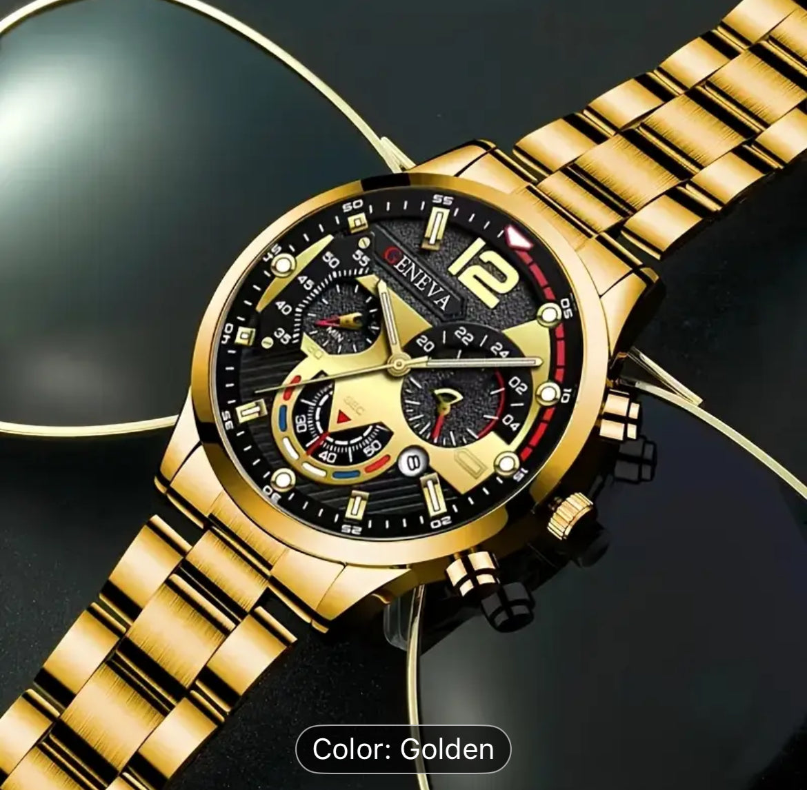 Men's Golden Quartz Watch And Bracelet Alloy Gift Set
