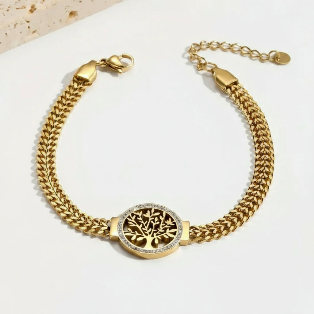 14K Gold Plated 14K Gold Plated Plated 14K Gold Plated 14K Gold Plated Plated Plated 304 304 Stainless Steel Bracelet with Tree of Life Design, Fashionable Men'S Wristband with Rhinestones Accents, Durable 304 304 304 Stainless Steel Pendant - Shoppy