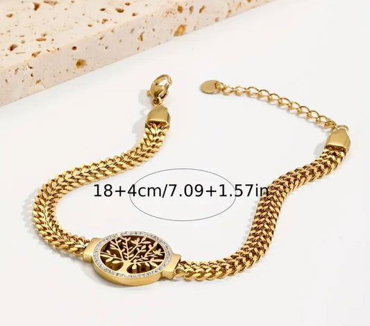 14K Gold Plated 14K Gold Plated Plated 14K Gold Plated 14K Gold Plated Plated Plated 304 304 Stainless Steel Bracelet with Tree of Life Design, Fashionable Men'S Wristband with Rhinestones Accents, Durable 304 304 304 Stainless Steel Pendant - Shoppy