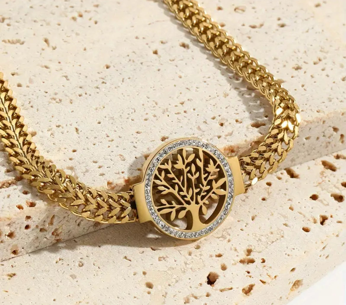 14K Gold Plated 14K Gold Plated Plated 14K Gold Plated 14K Gold Plated Plated Plated 304 304 Stainless Steel Bracelet with Tree of Life Design, Fashionable Men'S Wristband with Rhinestones Accents, Durable 304 304 304 Stainless Steel Pendant - Shoppy