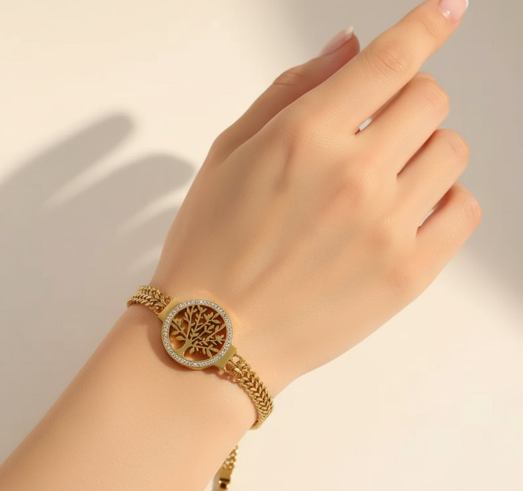 14K Gold Plated 14K Gold Plated Plated 14K Gold Plated 14K Gold Plated Plated Plated 304 304 Stainless Steel Bracelet with Tree of Life Design, Fashionable Men'S Wristband with Rhinestones Accents, Durable 304 304 304 Stainless Steel Pendant - Shoppy