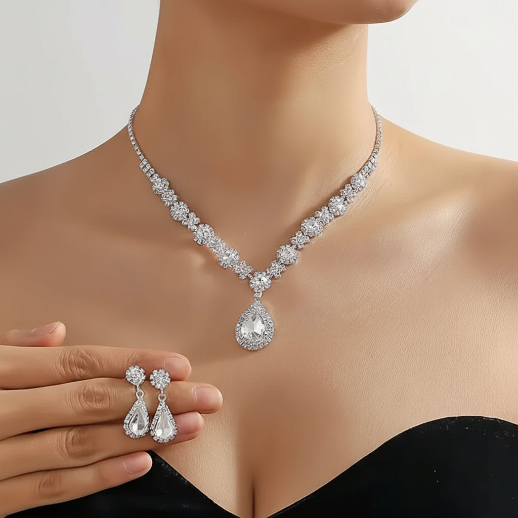 3pcs Wedding Women's Fashion Jewelry Set with Tassel Lab-Grown Earrings and Necklace, Luxurious Party Accessories - Shoppy