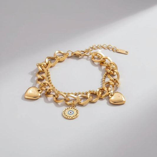 1pc Golden-Tone Stainless Steel with Heart Charms & Evil Eye Pendant - Unisex Couple's Jewelry for Casual Attire, Parties, Festivals - Durable Adjustable Chain, Vintage Style, Bracelets for Couples, Party Accessories, Heartshaped Charms, Polished Finish - Shoppy