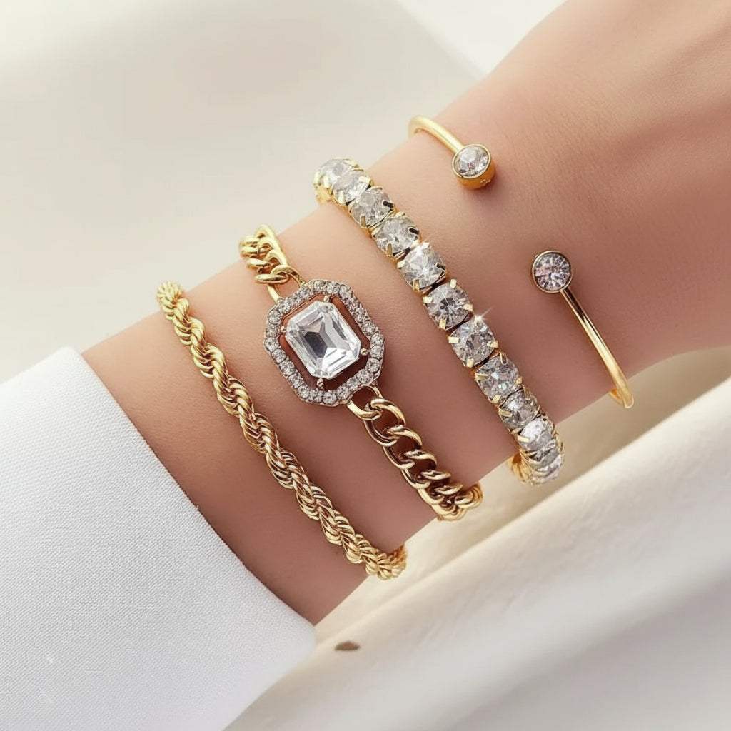 4pcs Women's Personality Exaggerated Punk Style Twist Chain Bracelet Set with Rhinestones - Shoppy