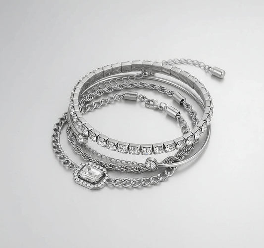 4pcs Women's Personality Exaggerated Punk Style Twist Chain Bracelet Set with Rhinestones - Shoppy