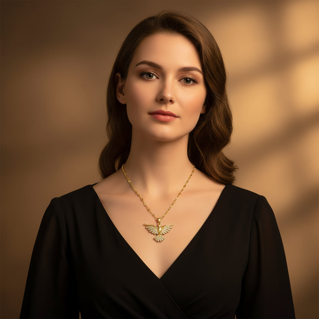 1pc Elegant Phoenix Bird Pendant Necklace, Zinc Alloy with Rhinestone Mosaic, Stainless Steel Chain for Women, Party Luxury Jewelry, Perfect for Winter, New Year - Shoppy