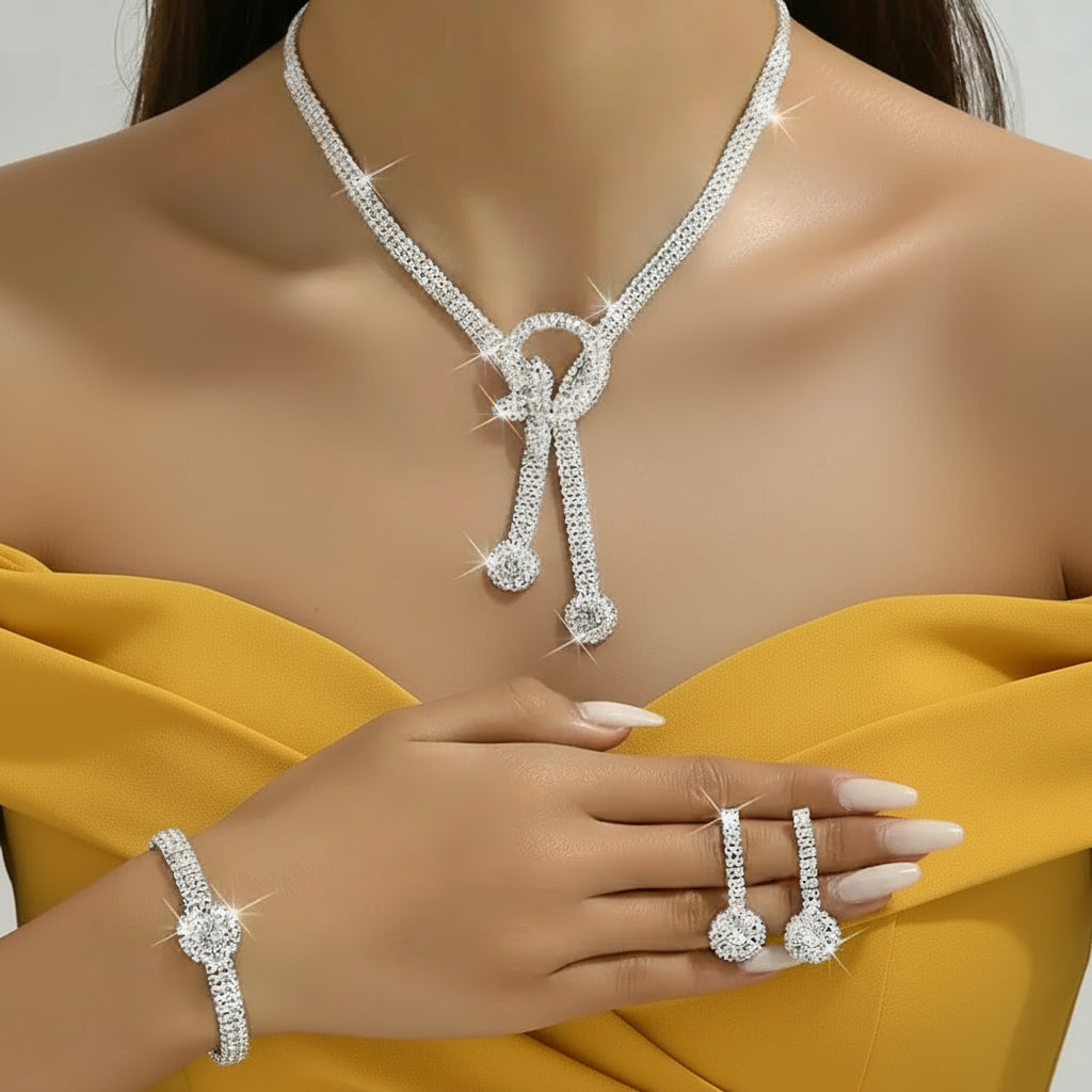 Rhinestone Necklace + Earrings Pair + Bracelet Set for Evening Dress Jewelry - Shoppy