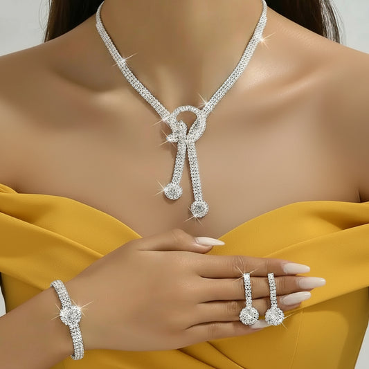 Rhinestone Necklace + Earrings Pair + Bracelet Set for Evening Dress Jewelry - Shoppy