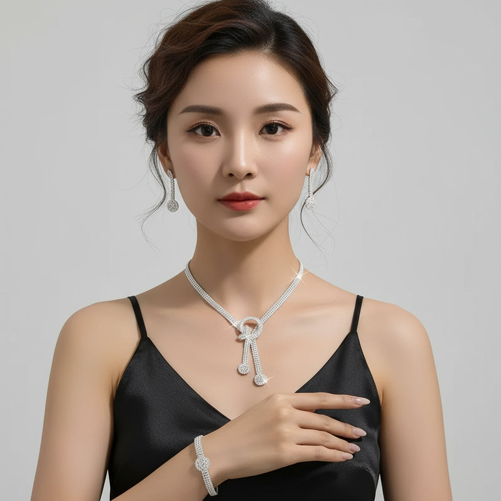 Rhinestone Necklace + Earrings Pair + Bracelet Set for Evening Dress Jewelry - Shoppy