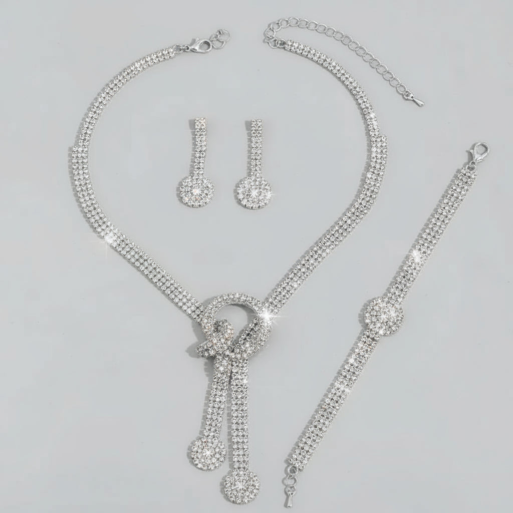 Rhinestone Necklace + Earrings Pair + Bracelet Set for Evening Dress Jewelry - Shoppy