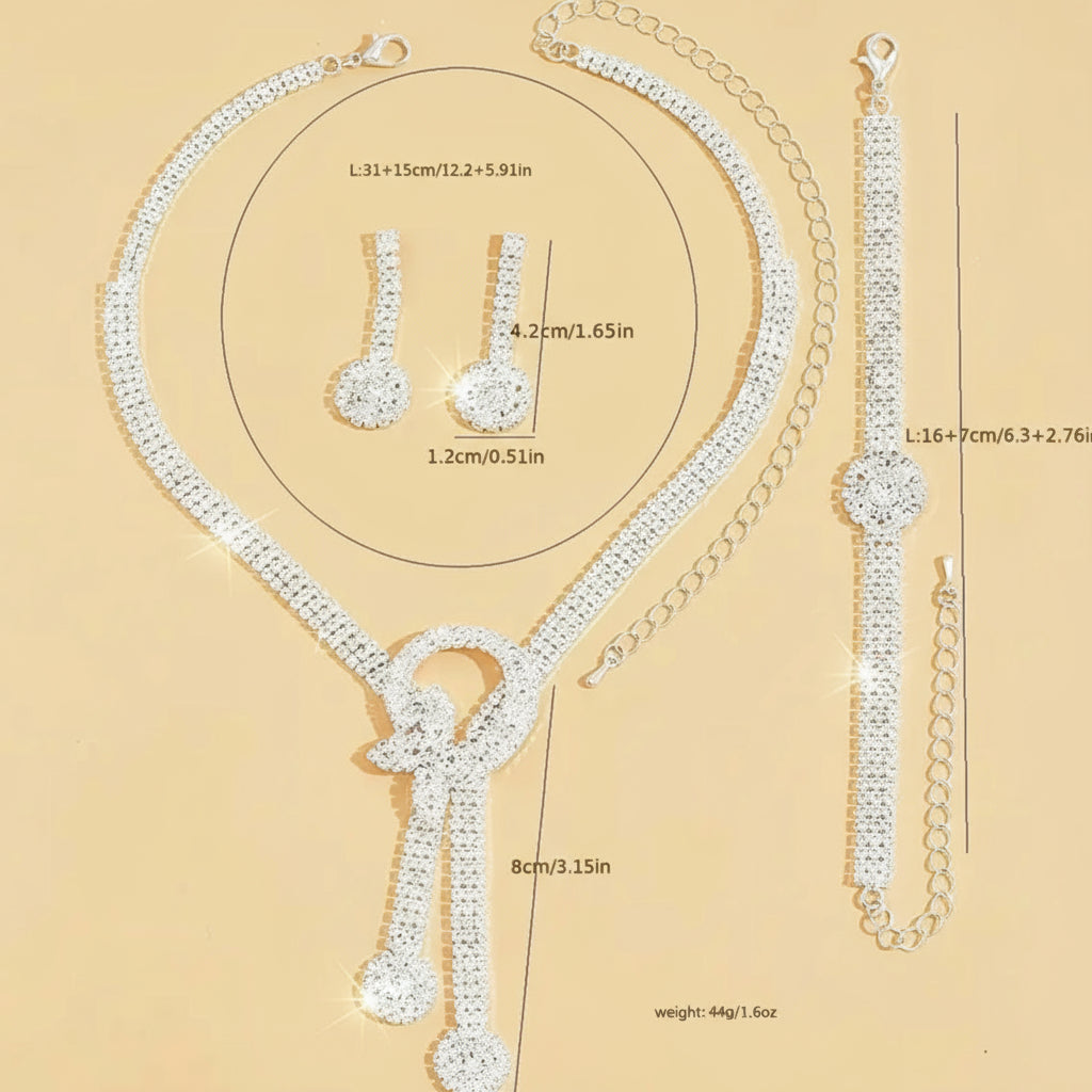 Rhinestone Necklace + Earrings Pair + Bracelet Set for Evening Dress Jewelry - Shoppy
