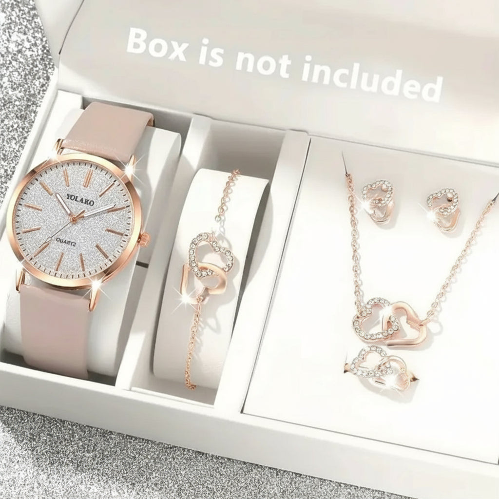 Minimalist and Elegant 6pcs Women's Quartz Watch Round Alloy Case, Simple Dial, Unique Heart Shaped Jewelry Set - Perfect Gift for Any Occasion, Elegant Accessory for Work, Ideal Choice for Halloween Gifts, Thanksgiving Gifts, Christmas Gifts - Shoppy