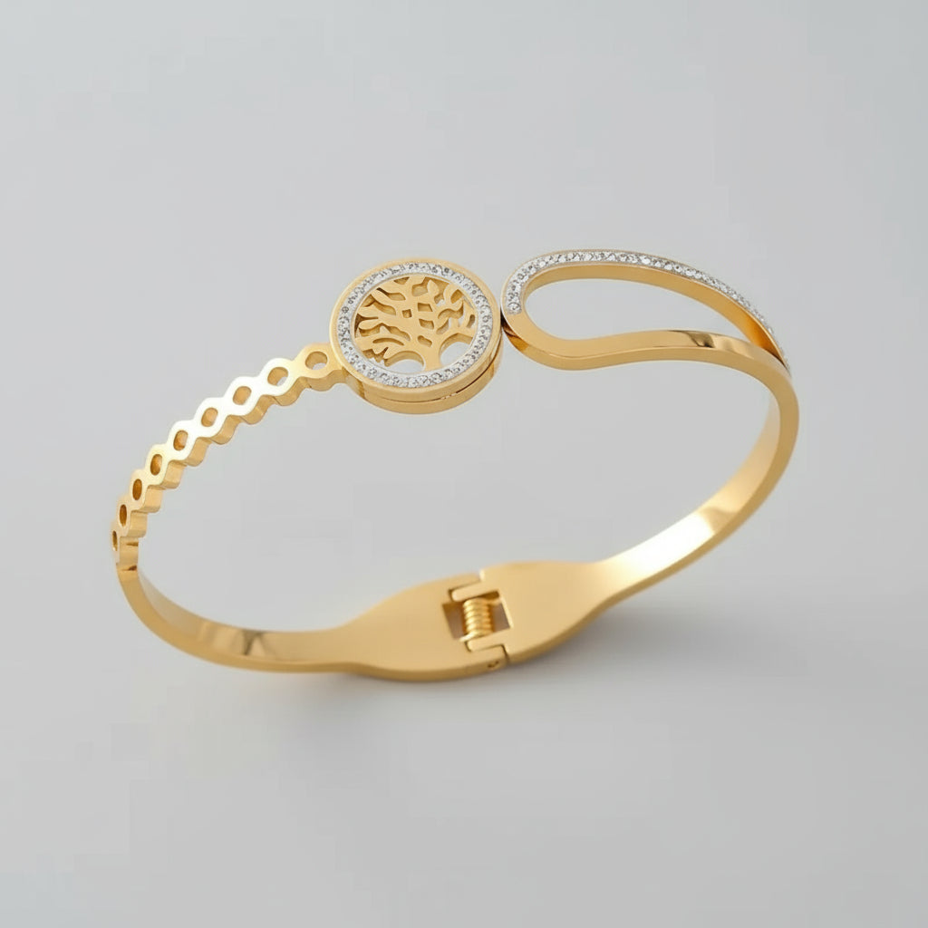 Elegant Stainless Steel Life Tree Bracelet with Rhinestones - Golden and Silvery, Asymmetrical Design, Perfect for Gifts and Holidays, Holiday Bracelet | Tree of Life Bracelet | Rhinestone Embellishment - Shoppy