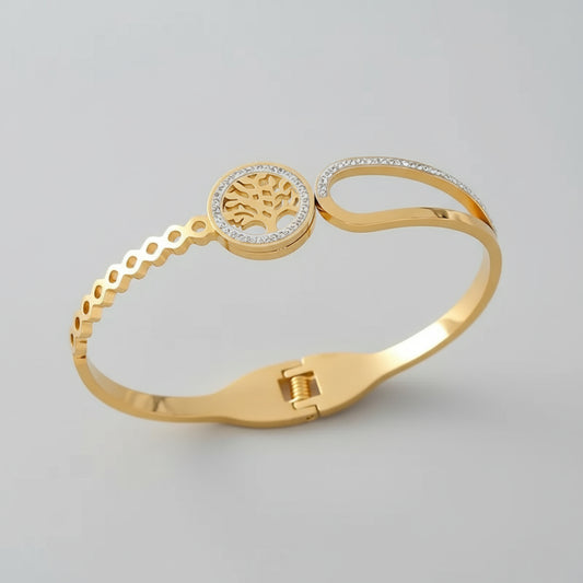 Elegant Stainless Steel Life Tree Bracelet with Rhinestones - Golden and Silvery, Asymmetrical Design, Perfect for Gifts and Holidays, Holiday Bracelet | Tree of Life Bracelet | Rhinestone Embellishment - Shoppy