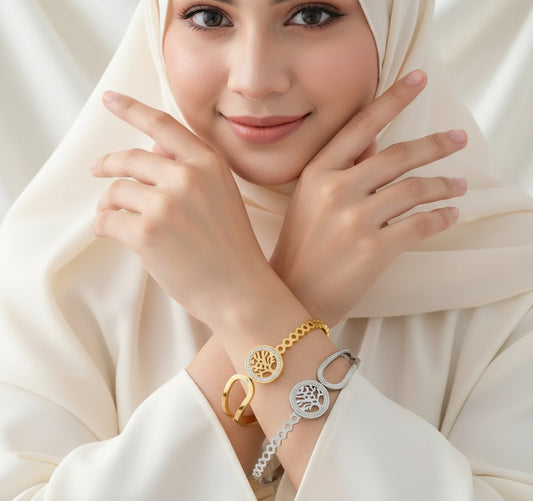 Elegant Stainless Steel Life Tree Bracelet with Rhinestones - Golden and Silvery, Asymmetrical Design, Perfect for Gifts and Holidays, Holiday Bracelet | Tree of Life Bracelet | Rhinestone Embellishment - Shoppy