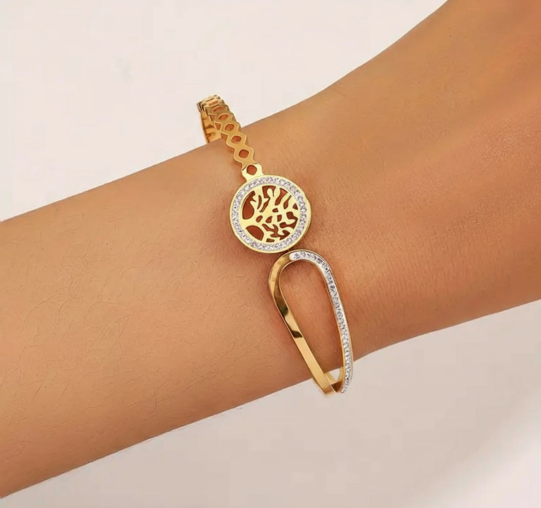 Elegant Stainless Steel Life Tree Bracelet with Rhinestones - Golden and Silvery, Asymmetrical Design, Perfect for Gifts and Holidays, Holiday Bracelet | Tree of Life Bracelet | Rhinestone Embellishment - Shoppy