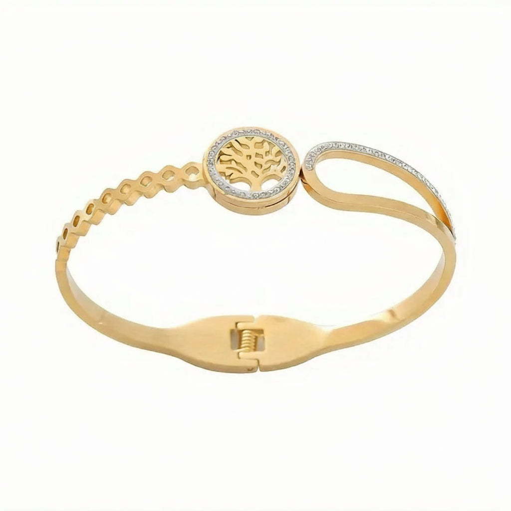 Elegant Stainless Steel Life Tree Bracelet with Rhinestones - Golden and Silvery, Asymmetrical Design, Perfect for Gifts and Holidays, Holiday Bracelet | Tree of Life Bracelet | Rhinestone Embellishment - Shoppy