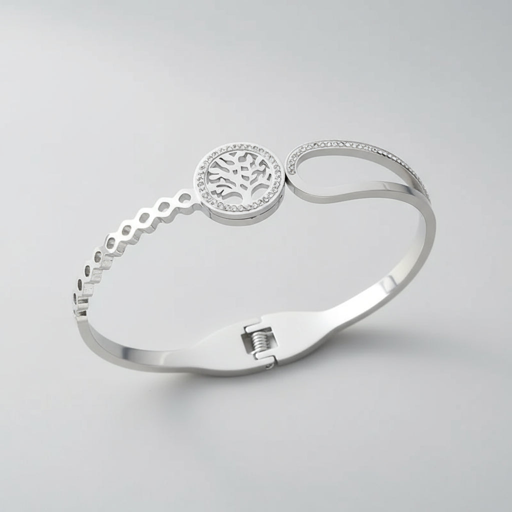 Elegant Stainless Steel Life Tree Bracelet with Rhinestones - Golden and Silvery, Asymmetrical Design, Perfect for Gifts and Holidays, Holiday Bracelet | Tree of Life Bracelet | Rhinestone Embellishment - Shoppy