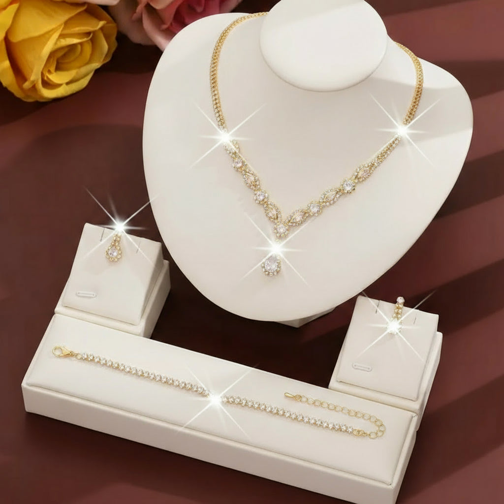 Rhinestone-Embedded Copper, Jewellery Sets Jewelry for Women, Wedding Jewelry for Women, Party Accessories, Luxury Bridal Set, Elegant Jewelry Set, Copper Jewelry, Fine Craftsmanship, Necklace Earrings Bracelet Set, Bridal Party, Fashion Lovers - Shoppy