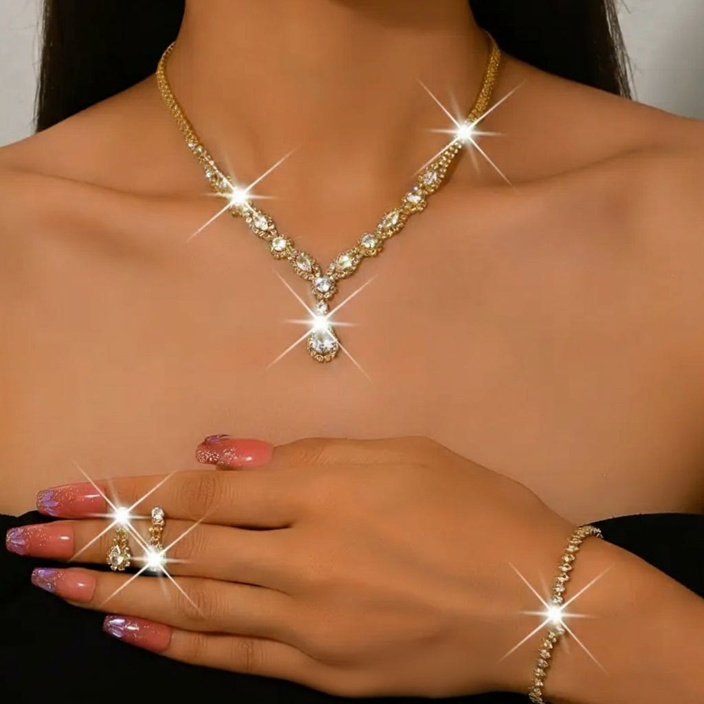 Rhinestone-Embedded Copper, Jewellery Sets Jewelry for Women, Wedding Jewelry for Women, Party Accessories, Luxury Bridal Set, Elegant Jewelry Set, Copper Jewelry, Fine Craftsmanship, Necklace Earrings Bracelet Set, Bridal Party, Fashion Lovers - Shoppy