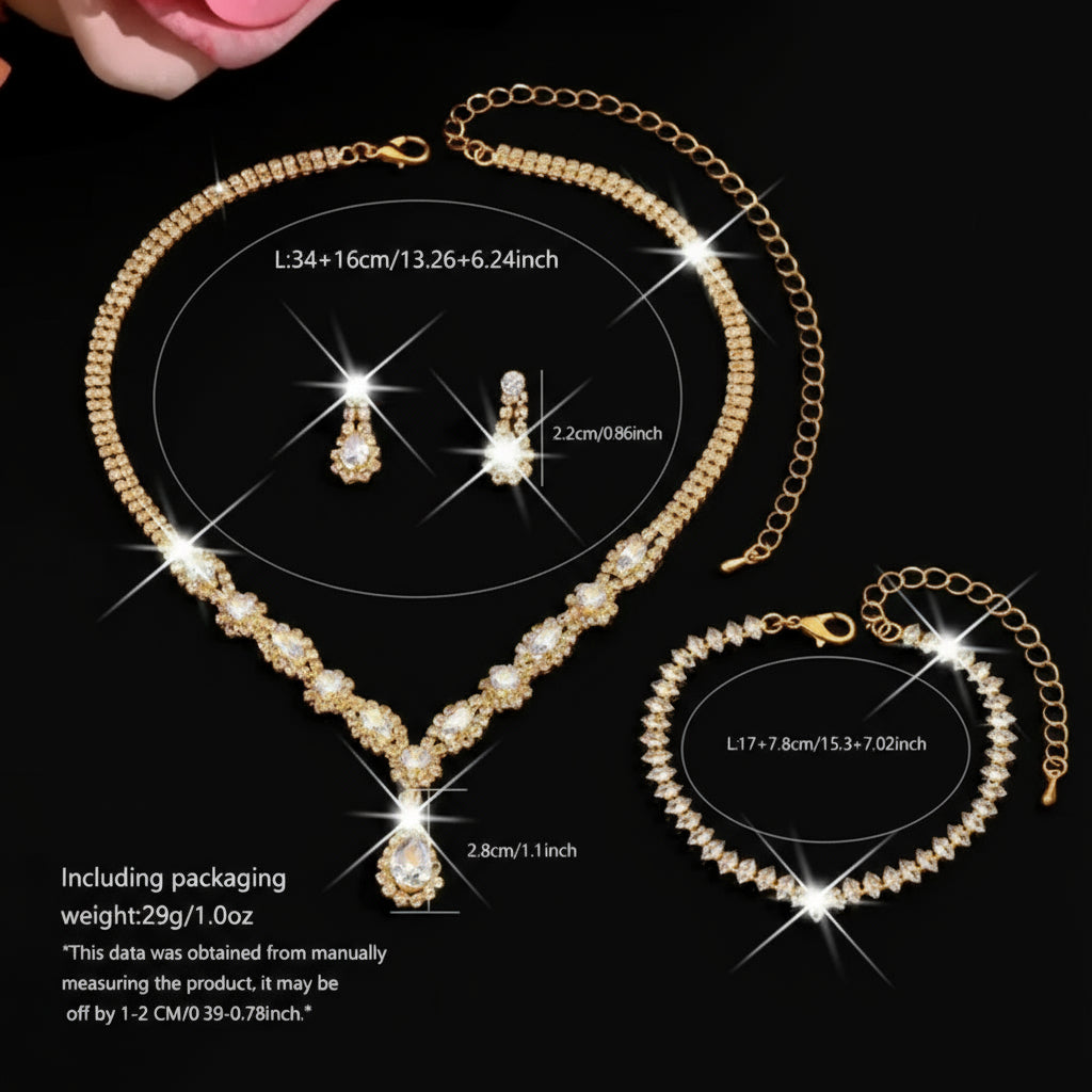 Rhinestone-Embedded Copper, Jewellery Sets Jewelry for Women, Wedding Jewelry for Women, Party Accessories, Luxury Bridal Set, Elegant Jewelry Set, Copper Jewelry, Fine Craftsmanship, Necklace Earrings Bracelet Set, Bridal Party, Fashion Lovers - Shoppy