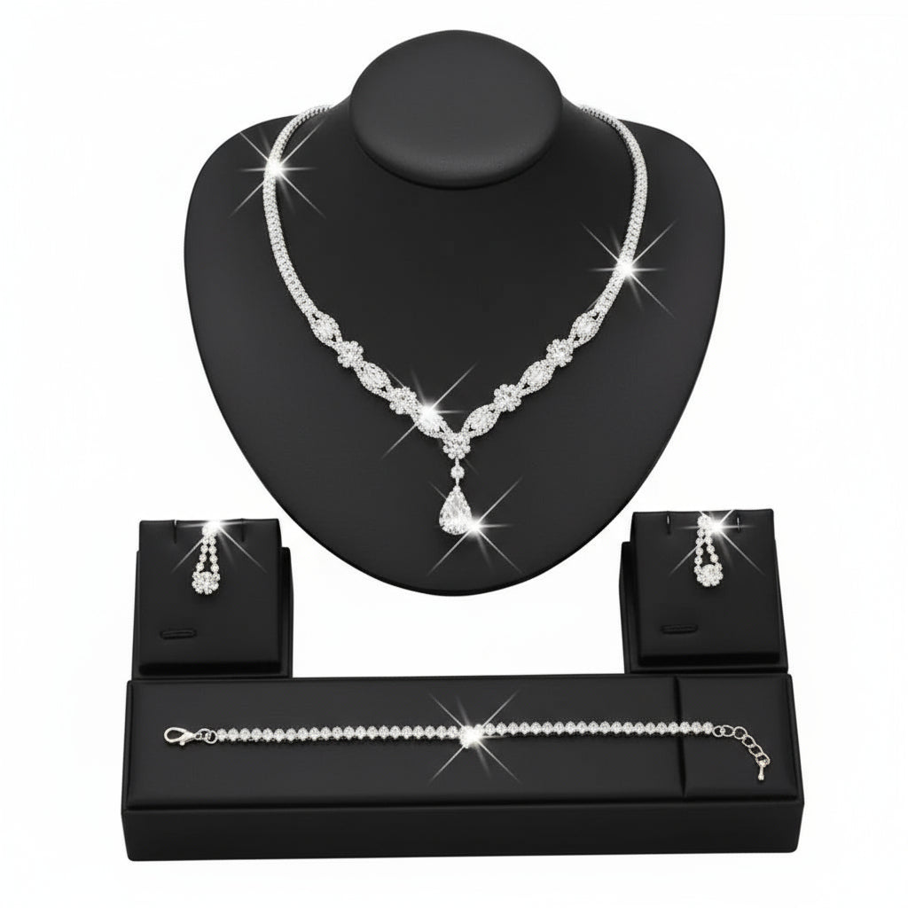 Rhinestone-Embedded Copper, Jewellery Sets Jewelry for Women, Wedding Jewelry for Women, Party Accessories, Luxury Bridal Set, Elegant Jewelry Set, Copper Jewelry, Fine Craftsmanship, Necklace Earrings Bracelet Set, Bridal Party, Fashion Lovers - Shoppy