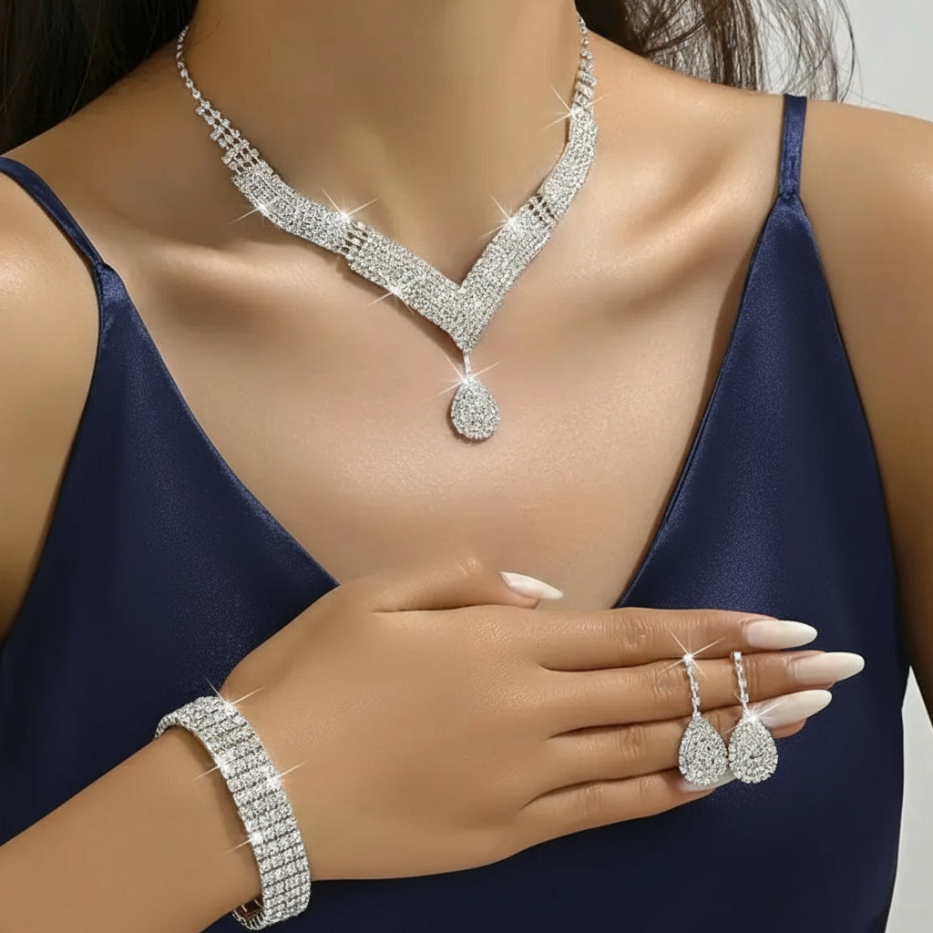 Necklace 1 + Earrings Pair + Bracelet Set Bridal Jewelry Party Accessories - Shoppy