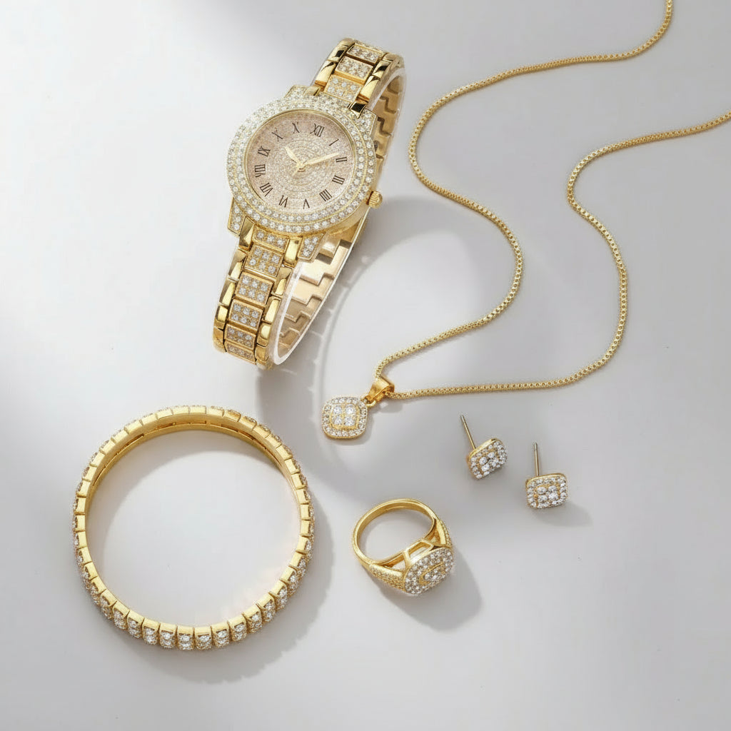 1pc Fashionable Quartz Women'S Watch And Jewelry Set, Shock-Resistant Round Analog Display, Alloy Band & Case, Non, Button Battery - Includes 6pcs Accessory Set - Shoppy