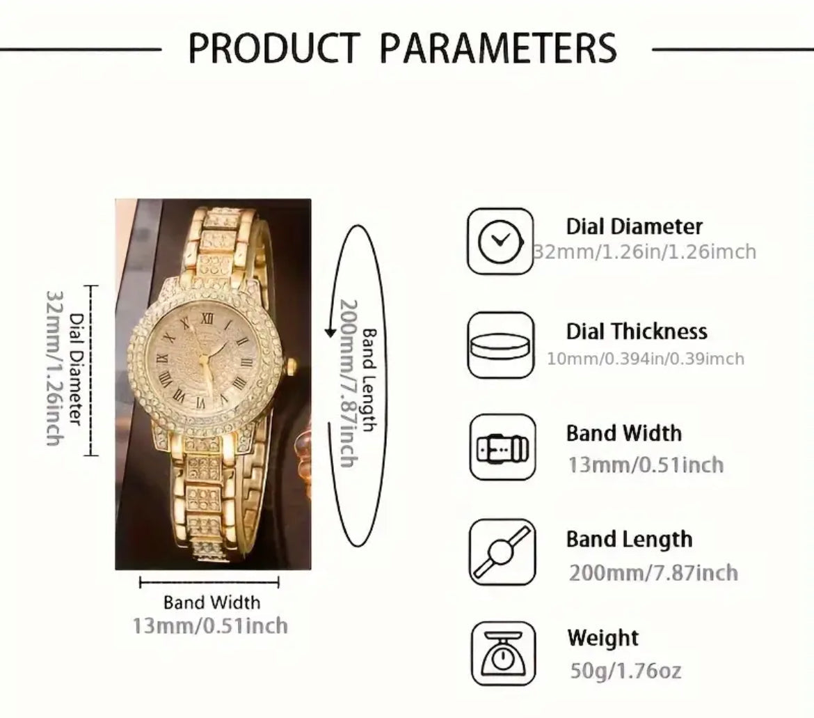 1pc Fashionable Quartz Women'S Watch And Jewelry Set, Shock-Resistant Round Analog Display, Alloy Band & Case, Non, Button Battery - Includes 6pcs Accessory Set - Shoppy