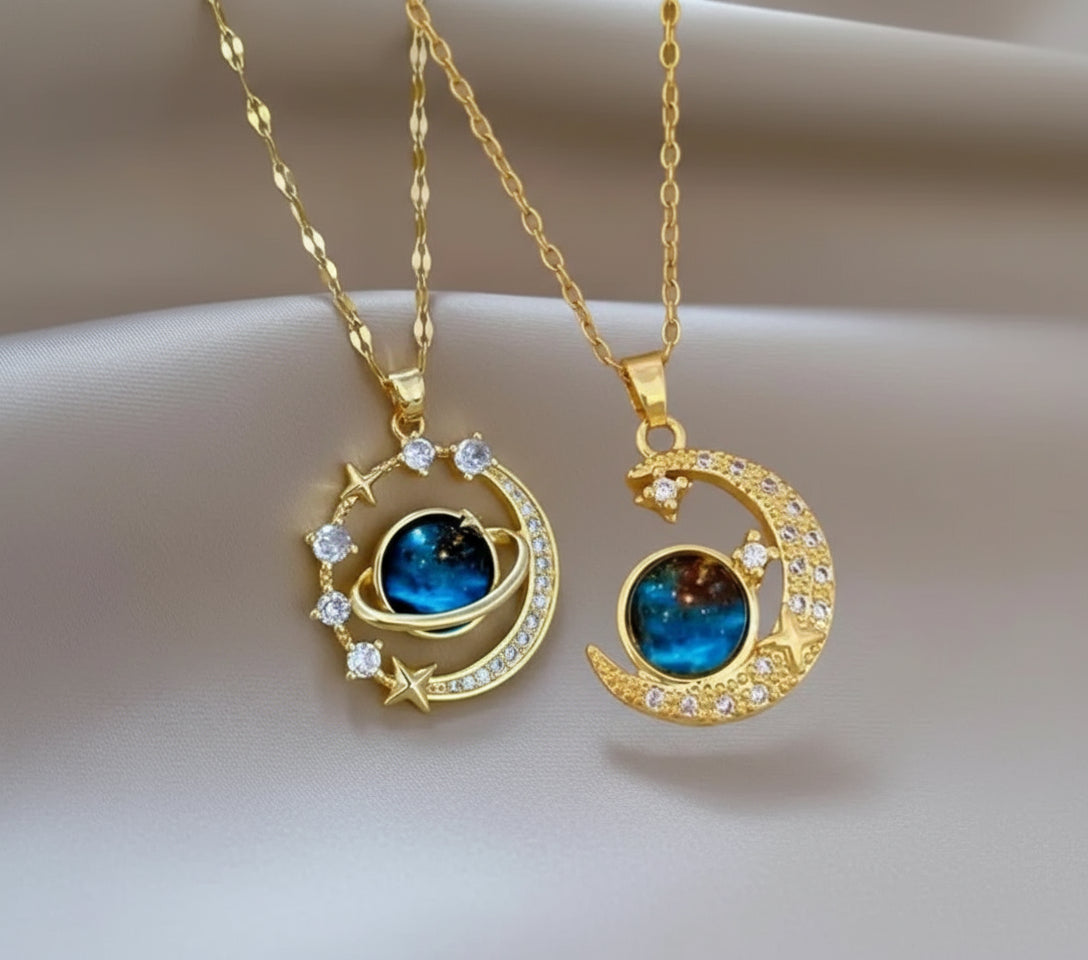 [Space Moon] 2pcs Set Unisex Fashion Pendant Necklaces | 304 Stainless Steel | Space Moon Design, Rhinestone Inlay, Other Plating | Vacation Style | Daily Wear and Party, Valentine's Day Couple Necklace Gift - Shoppy