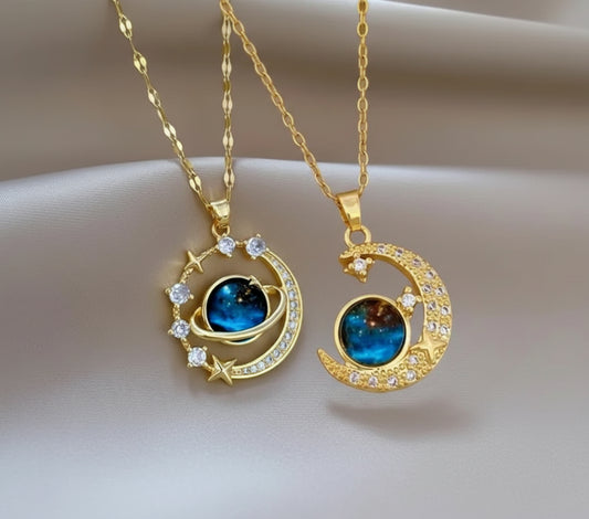 [Space Moon] 2pcs Set Unisex Fashion Pendant Necklaces | 304 Stainless Steel | Space Moon Design, Rhinestone Inlay, Other Plating | Vacation Style | Daily Wear and Party, Valentine's Day Couple Necklace Gift - Shoppy