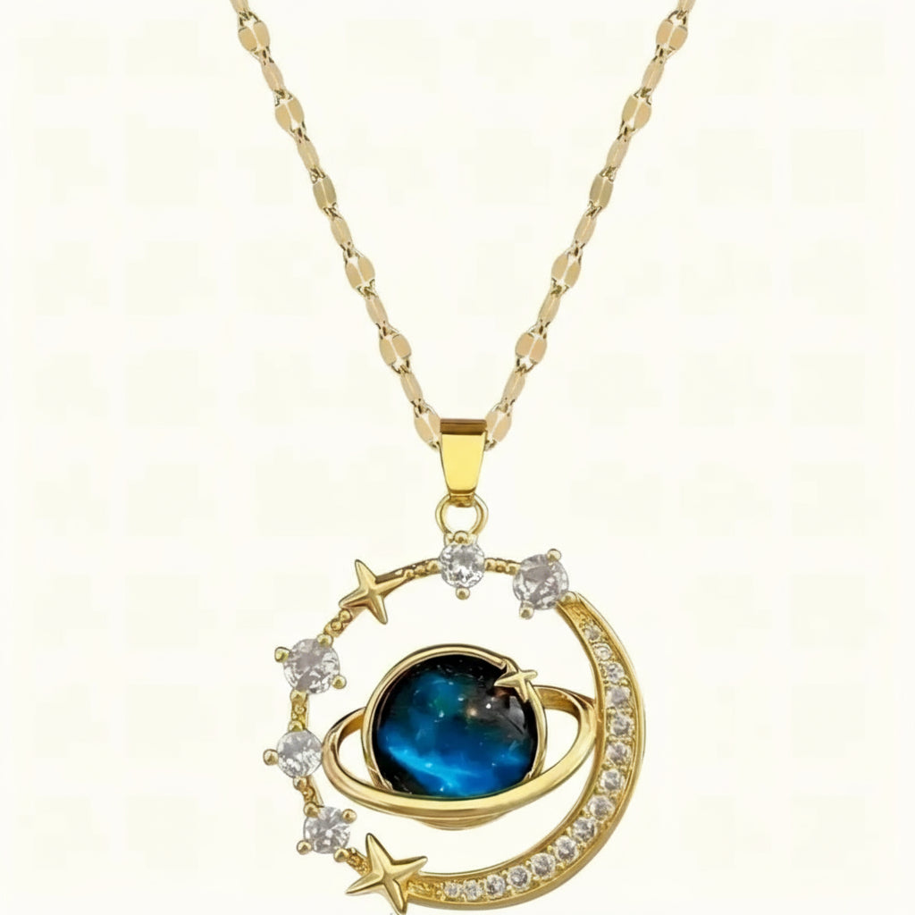 [Space Moon] 2pcs Set Unisex Fashion Pendant Necklaces | 304 Stainless Steel | Space Moon Design, Rhinestone Inlay, Other Plating | Vacation Style | Daily Wear and Party, Valentine's Day Couple Necklace Gift - Shoppy