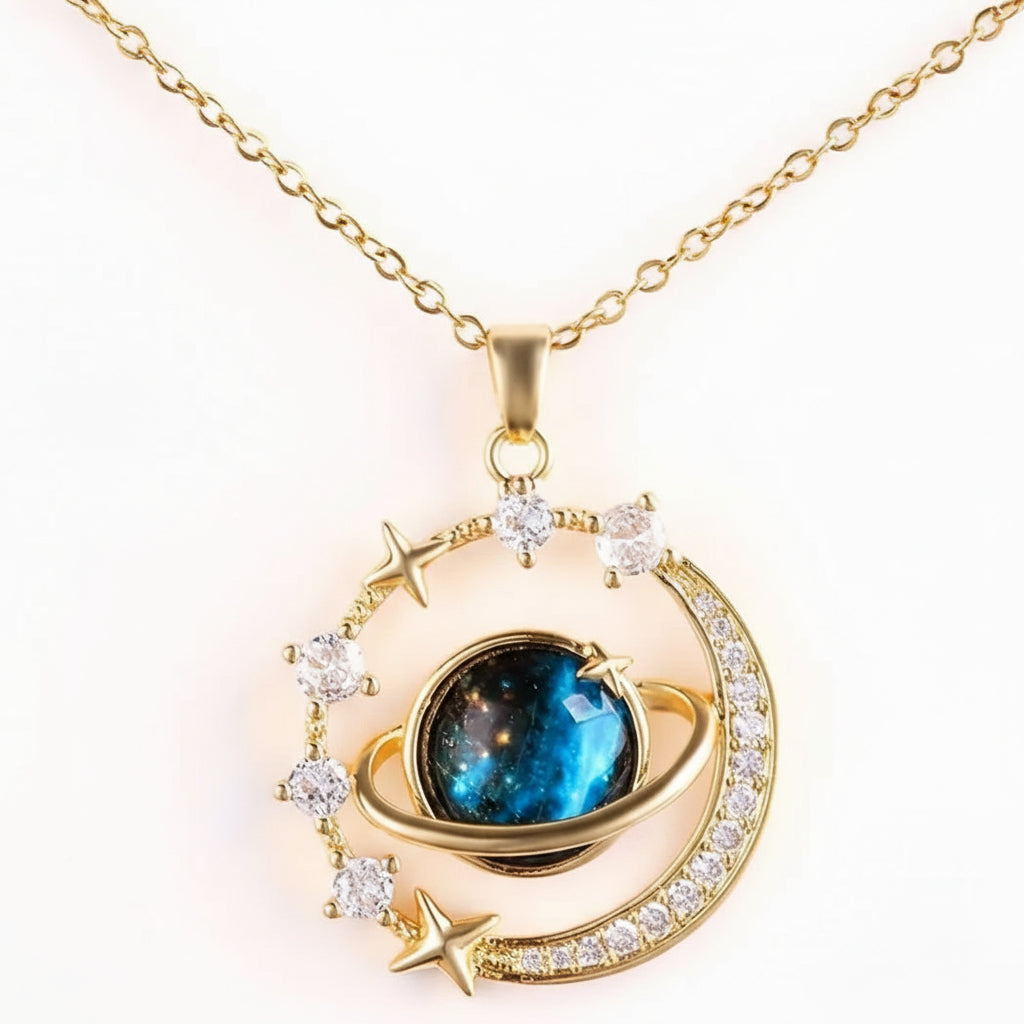 [Space Moon] 2pcs Set Unisex Fashion Pendant Necklaces | 304 Stainless Steel | Space Moon Design, Rhinestone Inlay, Other Plating | Vacation Style | Daily Wear and Party, Valentine's Day Couple Necklace Gift - Shoppy