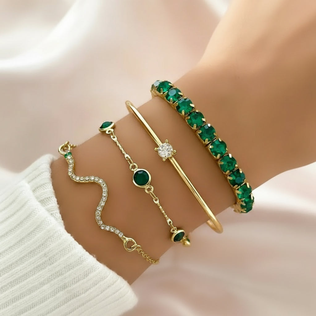 4pcs/Set Elegant Green Imitation Gemstone Rhinestone Claw Chain Snake Bracelet Open Bangle For Women - Shoppy