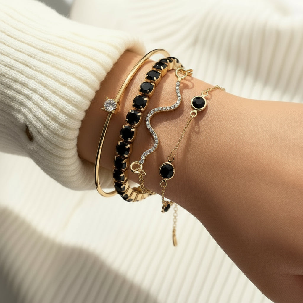 4pcs/Set Elegant Green Imitation Gemstone Rhinestone Claw Chain Snake Bracelet Open Bangle For Women - Shoppy