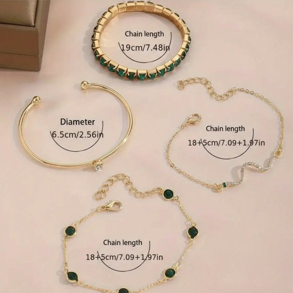 4pcs/Set Elegant Green Imitation Gemstone Rhinestone Claw Chain Snake Bracelet Open Bangle For Women - Shoppy