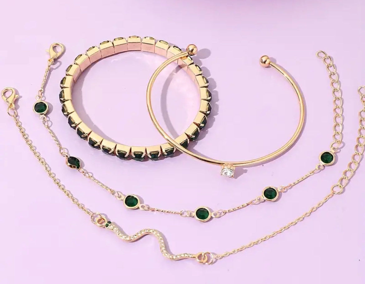 4pcs/Set Elegant Green Imitation Gemstone Rhinestone Claw Chain Snake Bracelet Open Bangle For Women - Shoppy