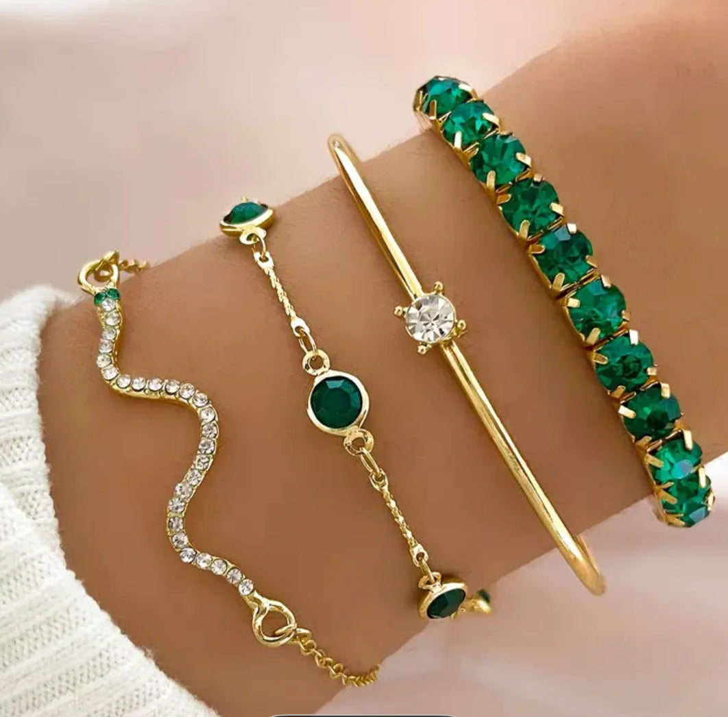 4pcs/Set Elegant Green Imitation Gemstone Rhinestone Claw Chain Snake Bracelet Open Bangle For Women - Shoppy